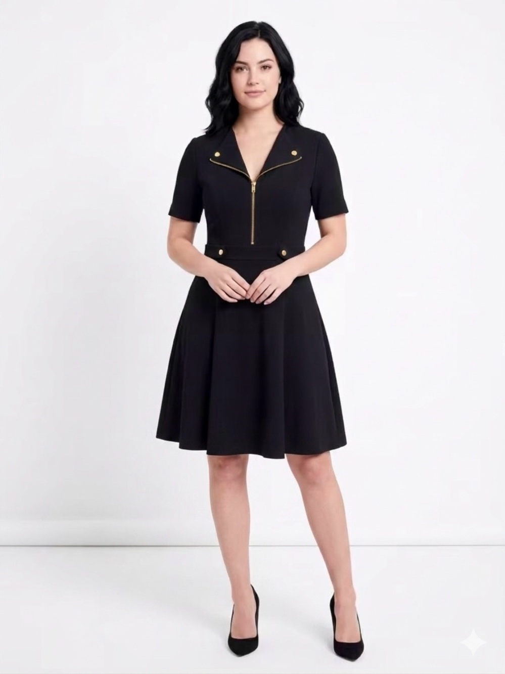 $358 Karen Millen Gold Zipper Button Structural Symmetrical Midi Dress Size 6